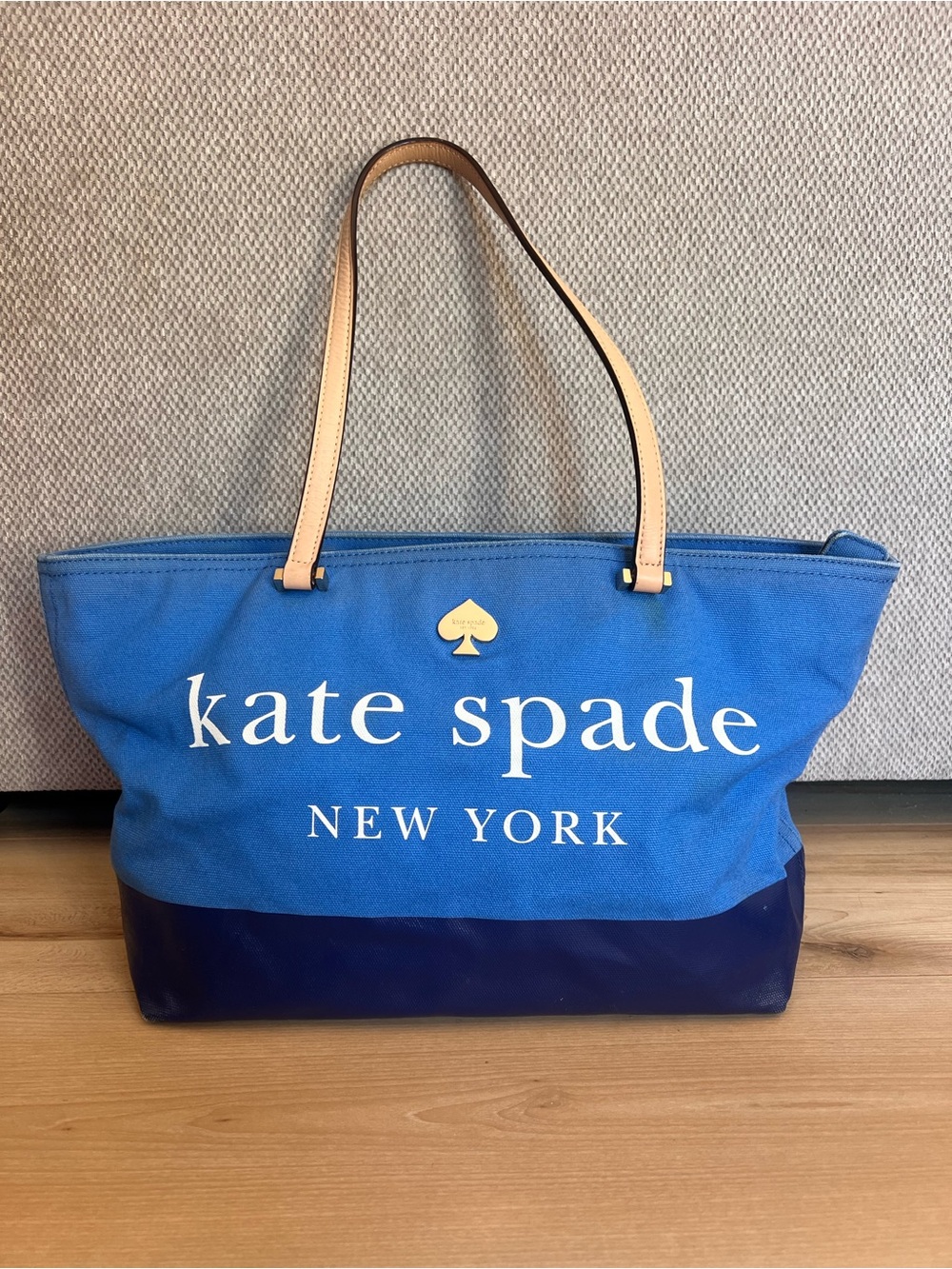 kate spade Blue Canvas Tote with Navy Trim and Tan Straps